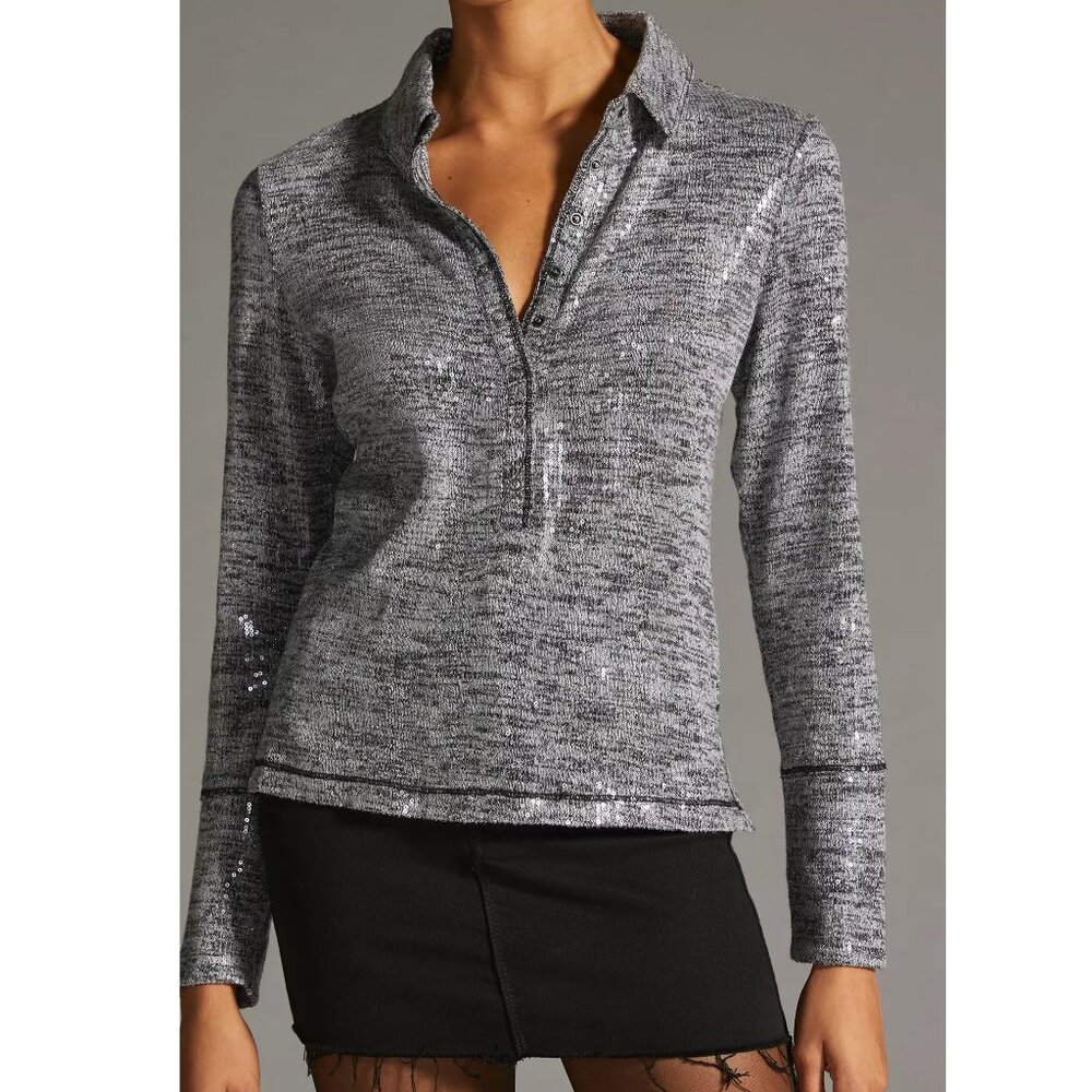 Anthropologie Pilcro Shimmer Collared Long Sleeve Shirt Dark Gray Silver S - M